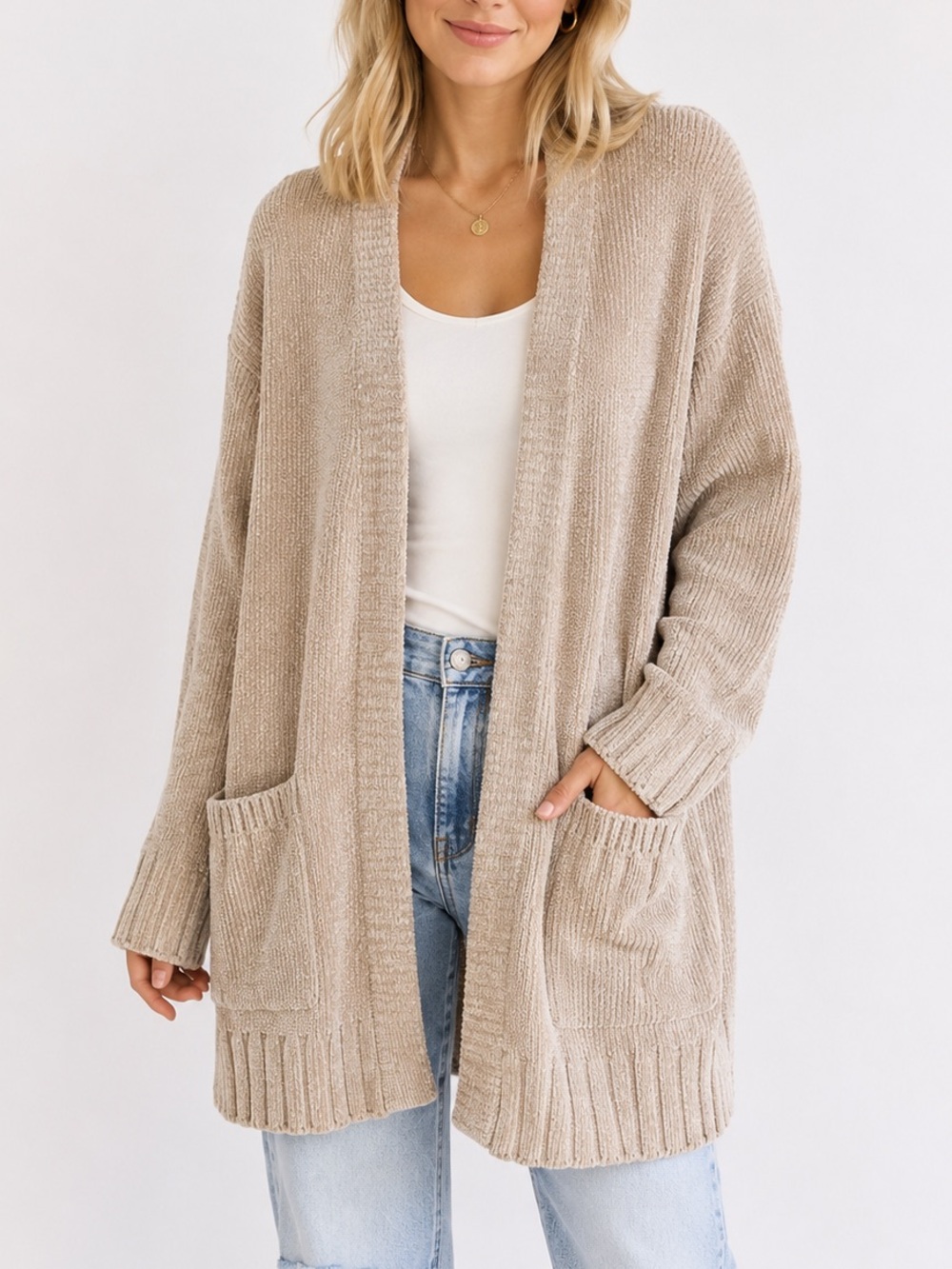 Sam & Zoe Chenille Cardigan Beige Open Front Rib Knit Pockets Size S
